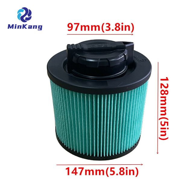 녹색 DXVC4003 HEPA 주름형 카트리지 필터는 DeWalt 4갤런 매장 진공청소기와 비교됩니다.