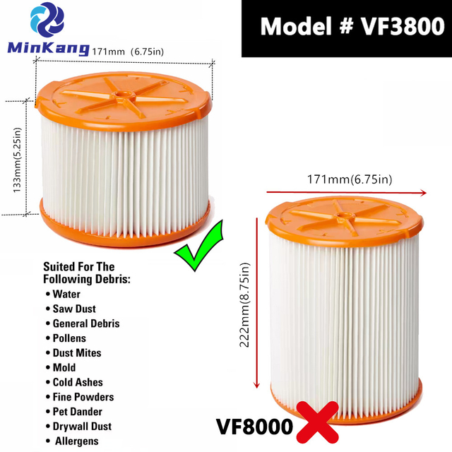 # VF3800 대부분의 3-4.5 갤런 ridgid 습식 건식 진공에 대한 교체 주름 Pleated HEPA 필터