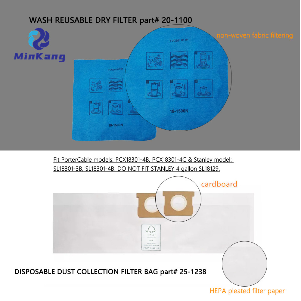 Stanley 및 PorterCable 4갤런용 진공 먼지 필터 백 및 재사용 가능한 부직포 필터 