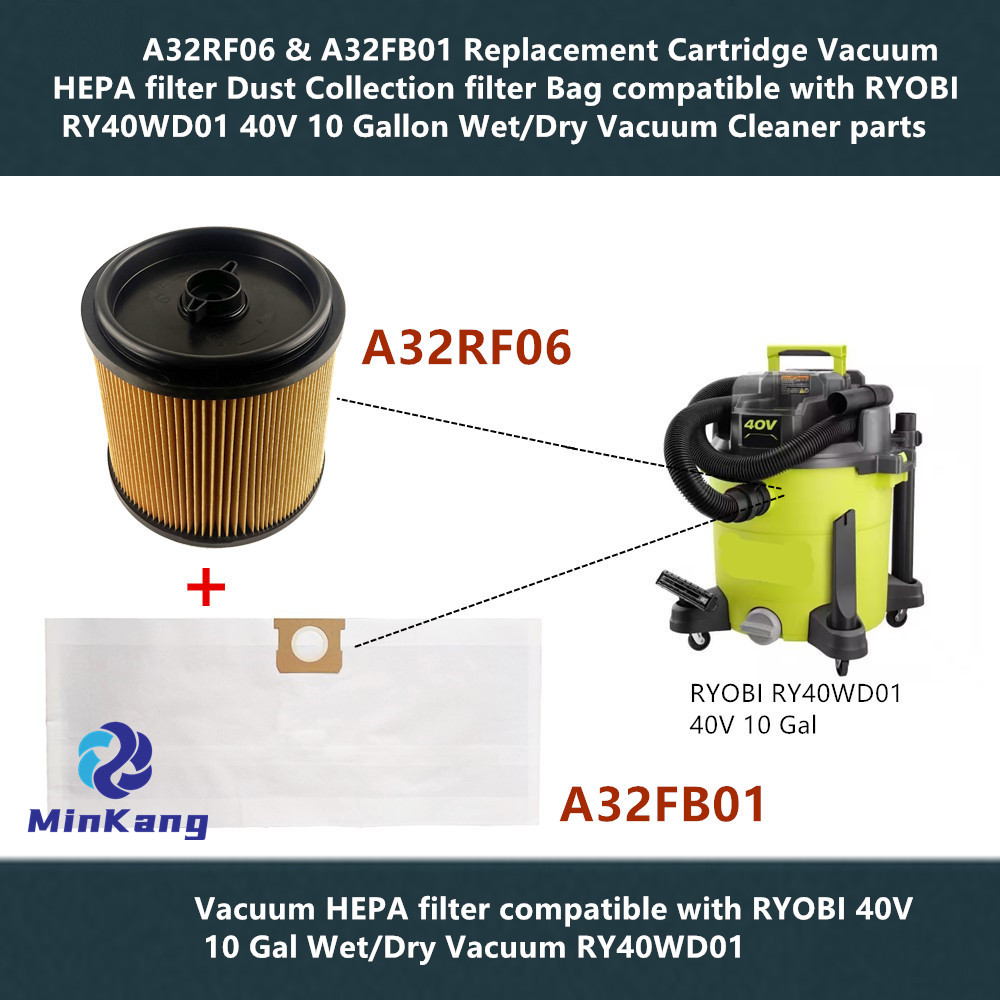 A32RF06 & A32FB01 교체 카트리지 진공 HEPA 필터 RYOBI RY40WD01 40V 10 갤런 습식/건식 진공 용 먼지 수집 필터 백 