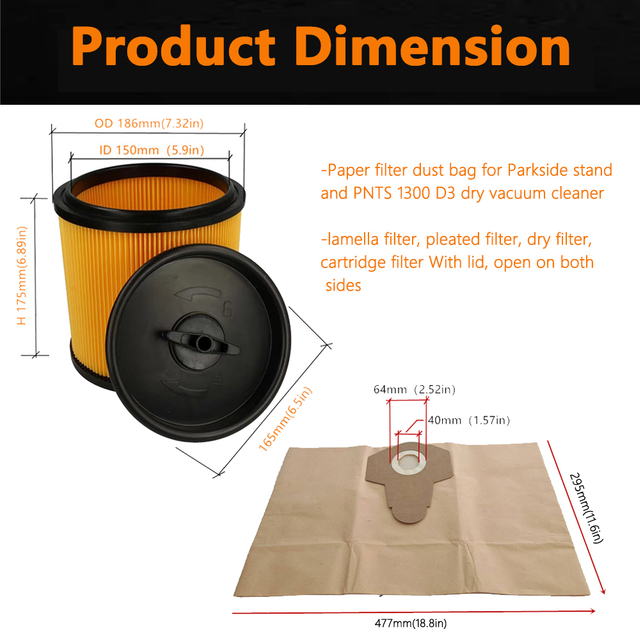 Parkside 습식 및 건식 진공 청소기 PNT 1300 D3 용 뚜껑이있는 종이 가방 및 주름 필터 카트리지