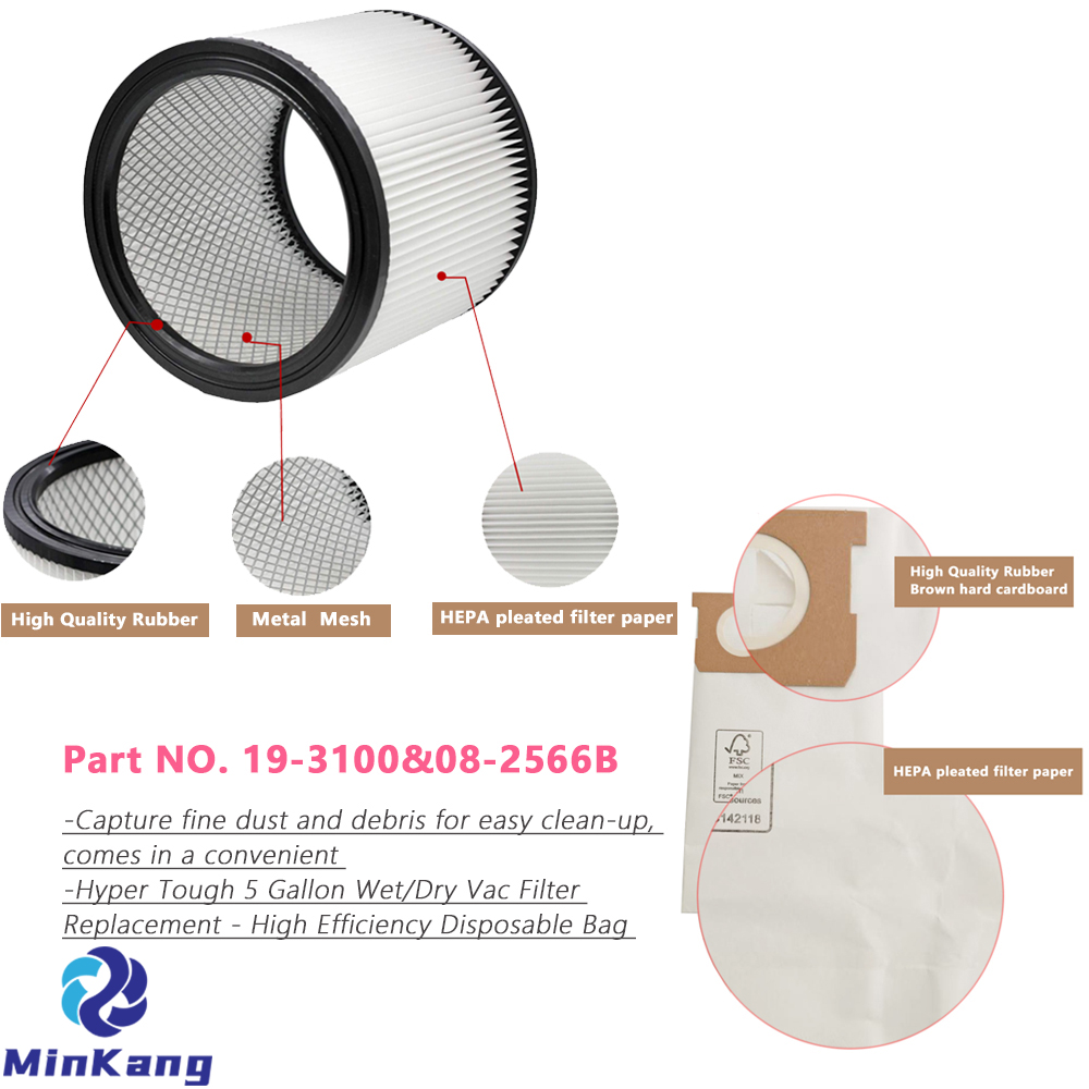 19-3100 하이퍼 터프 AT18419P-5A AT18419-5B 5갤런 습식/건식 진공용 일회용 가방 및 08-2566B 카트리지 교체 필터 